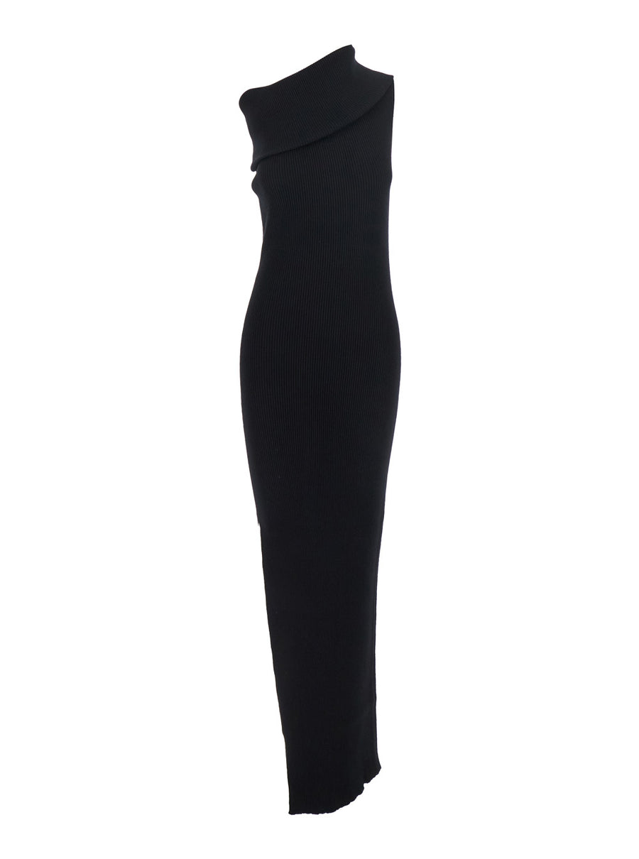 Black Ribbed Knit Asymmetric Long Dress Viscose