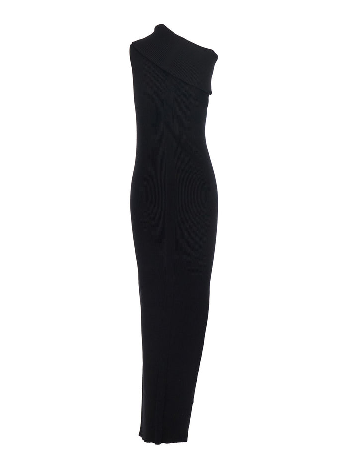 Athena Black Ribbed Knit Sleeveless Asymmetric Long Dress with Wide Neckline in Viscose Blend Woman Polyester