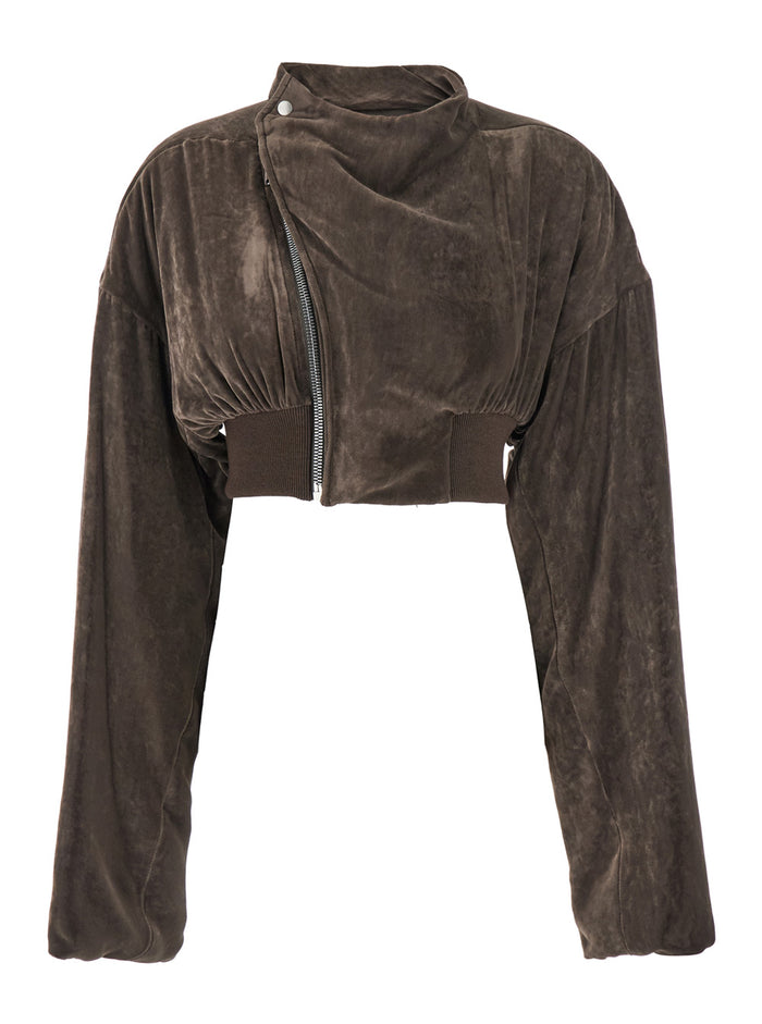 Hollywood Cropped Jacket with Front Zip Closure in Viscose Blend Woman Brown Silk Outerwear
