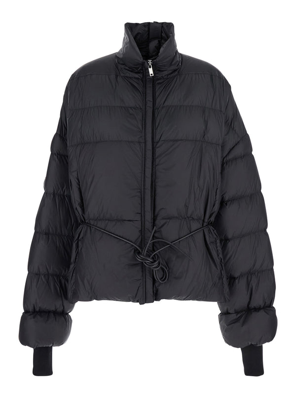 Black Down Jacket With Drawstring Waist Nylon Puffer