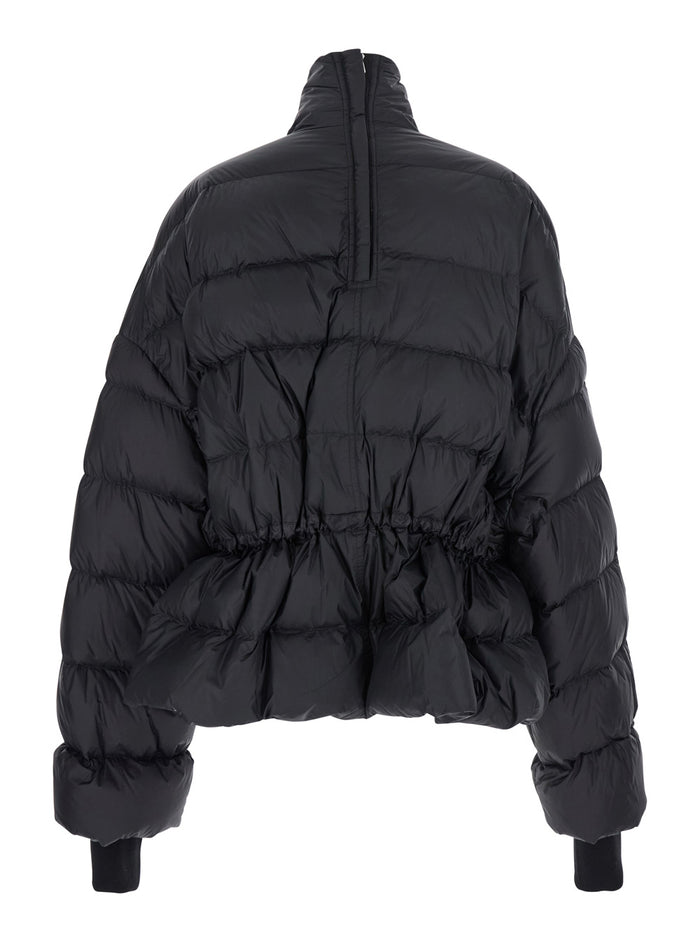 Black Down Jacket with Drawstring Waist and High Neck in Tech Fabric Woman Nylon