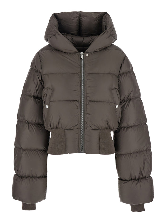 Brown Down Jacket with Crop Design and Fixed Hood in Tech Fabric Woman Nylon