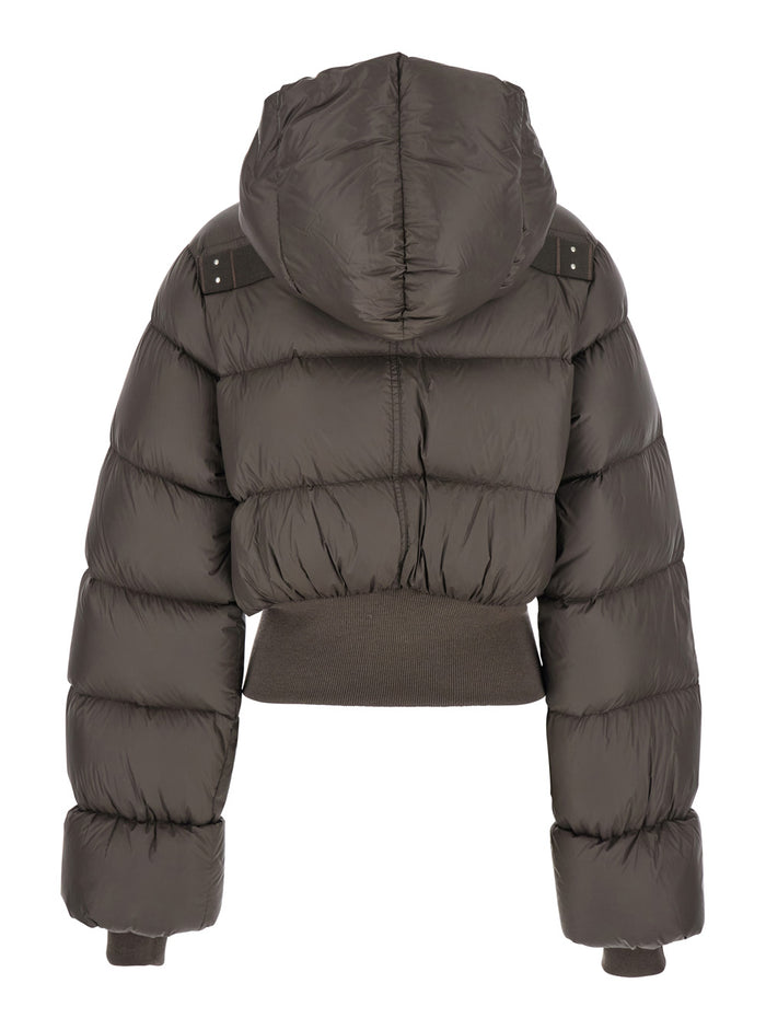 Brown Down Jacket with Crop Design and Fixed Hood in Tech Fabric Woman Nylon