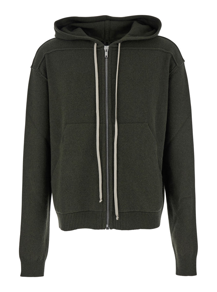 Green Sweatshirt with Contrasting Drawstring Hood in Cashmere and Wool Man Sweatshirts