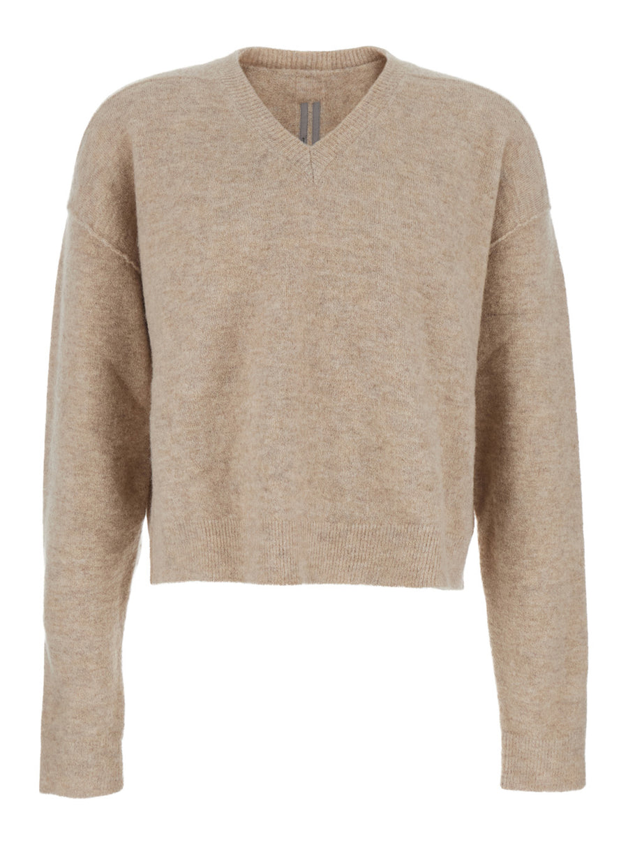 Beige Wool Blend V Neck Sweater Alpaca Tops
