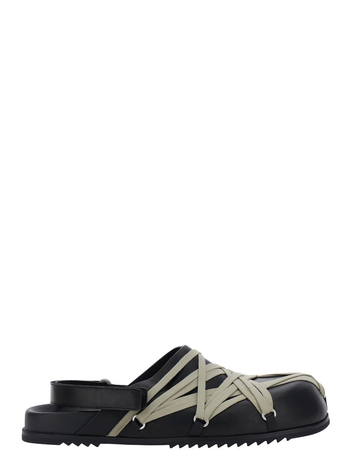 Black Mules With Oversize Decorative Laces And Buckle Closure Leather Man Calf Flat Shoes