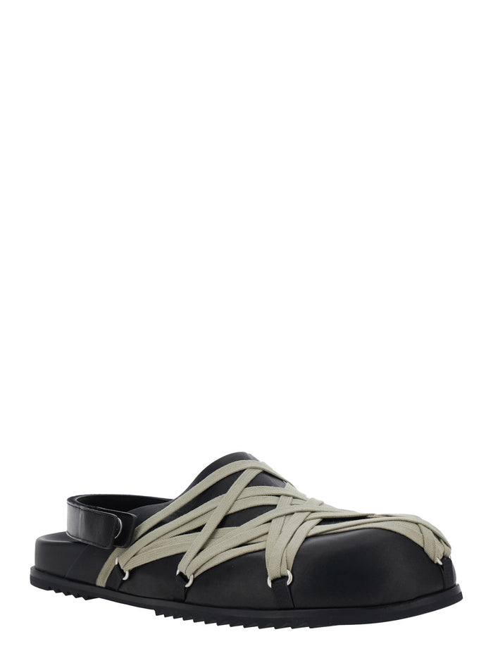Black Mules With Oversize Decorative Laces And Buckle Closure Leather Man Calf Flat Shoes