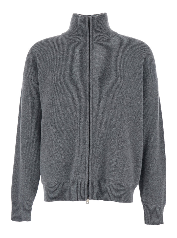 Grey Sweatshirt with Dropped Shoulders and Front Zip Closure in Wool Man Jersey