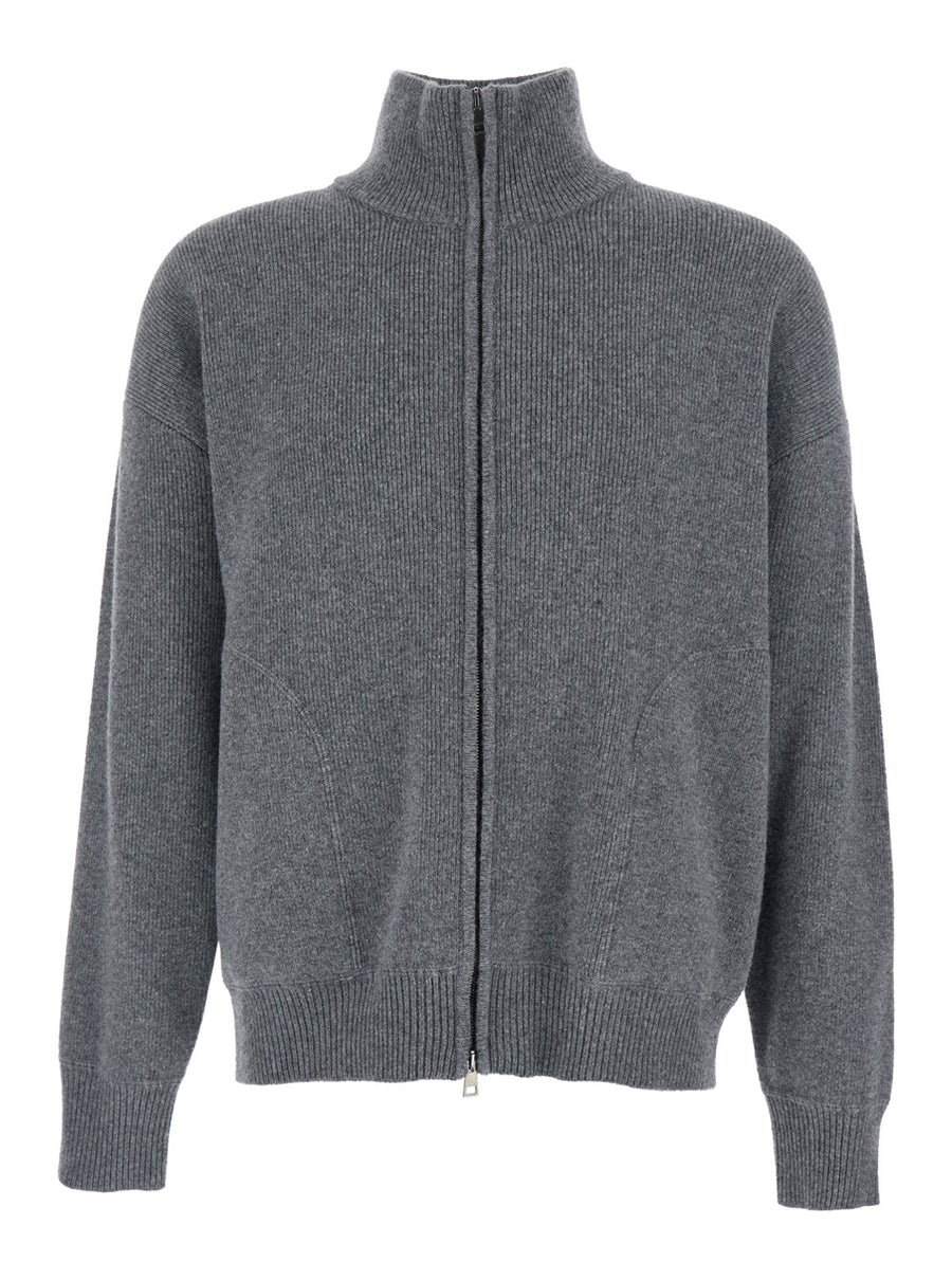 Grey Wool Sweatshirt With Zip Closure