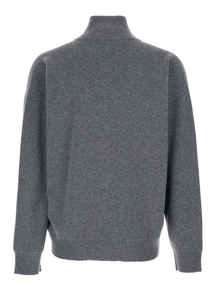 Grey Sweatshirt with Dropped Shoulders and Front Zip Closure in Wool Man Jersey
