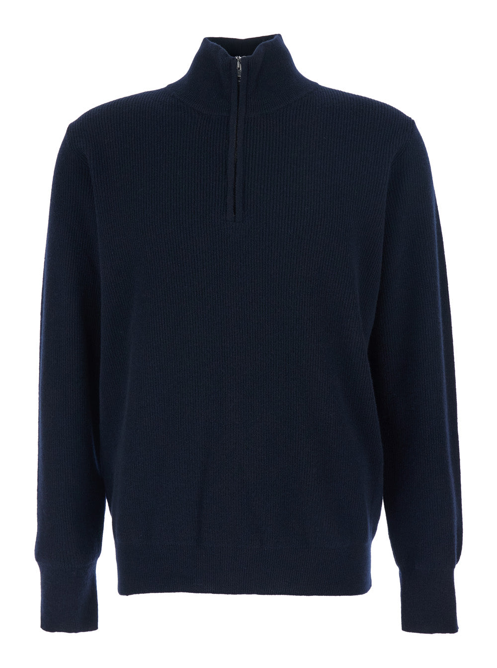 Blue Ribbed Knit Sweater With High Neck And Half Zip Closure Wool Man Blu Jersey