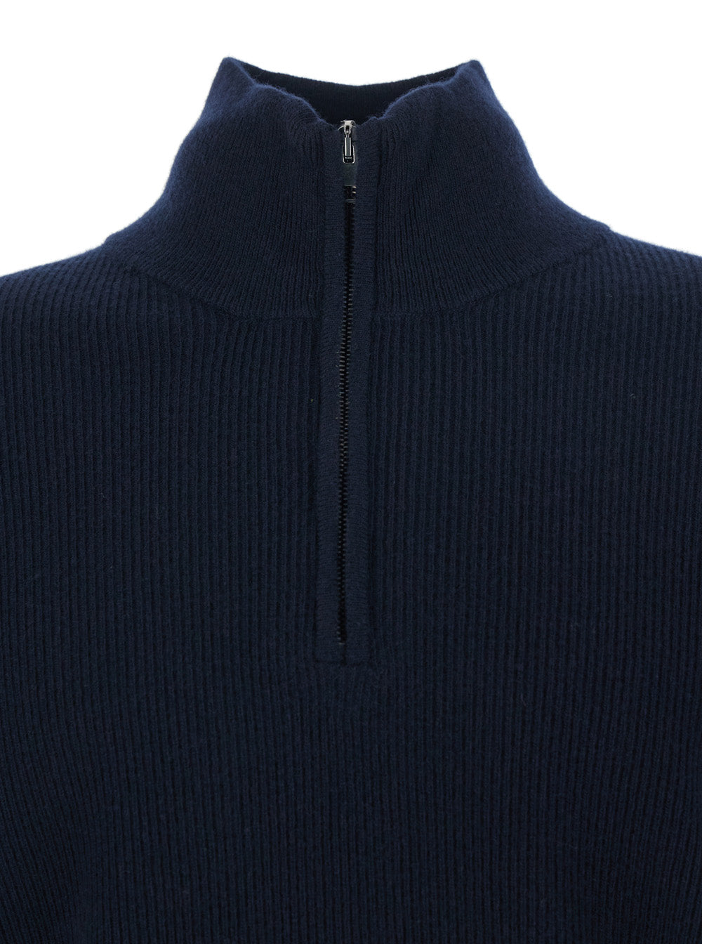 Blue Ribbed Knit Sweater With High Neck And Half Zip Closure Wool Man Blu Jersey