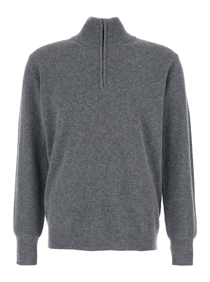 Grey Ribbed Knit Sweater with High Neck and Half Zip Closure in Wool Man Jersey