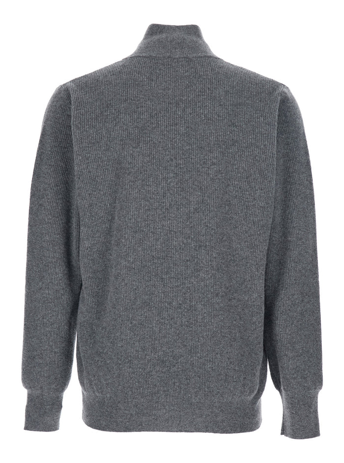 Grey Ribbed Knit Sweater with High Neck and Half Zip Closure in Wool Man Jersey