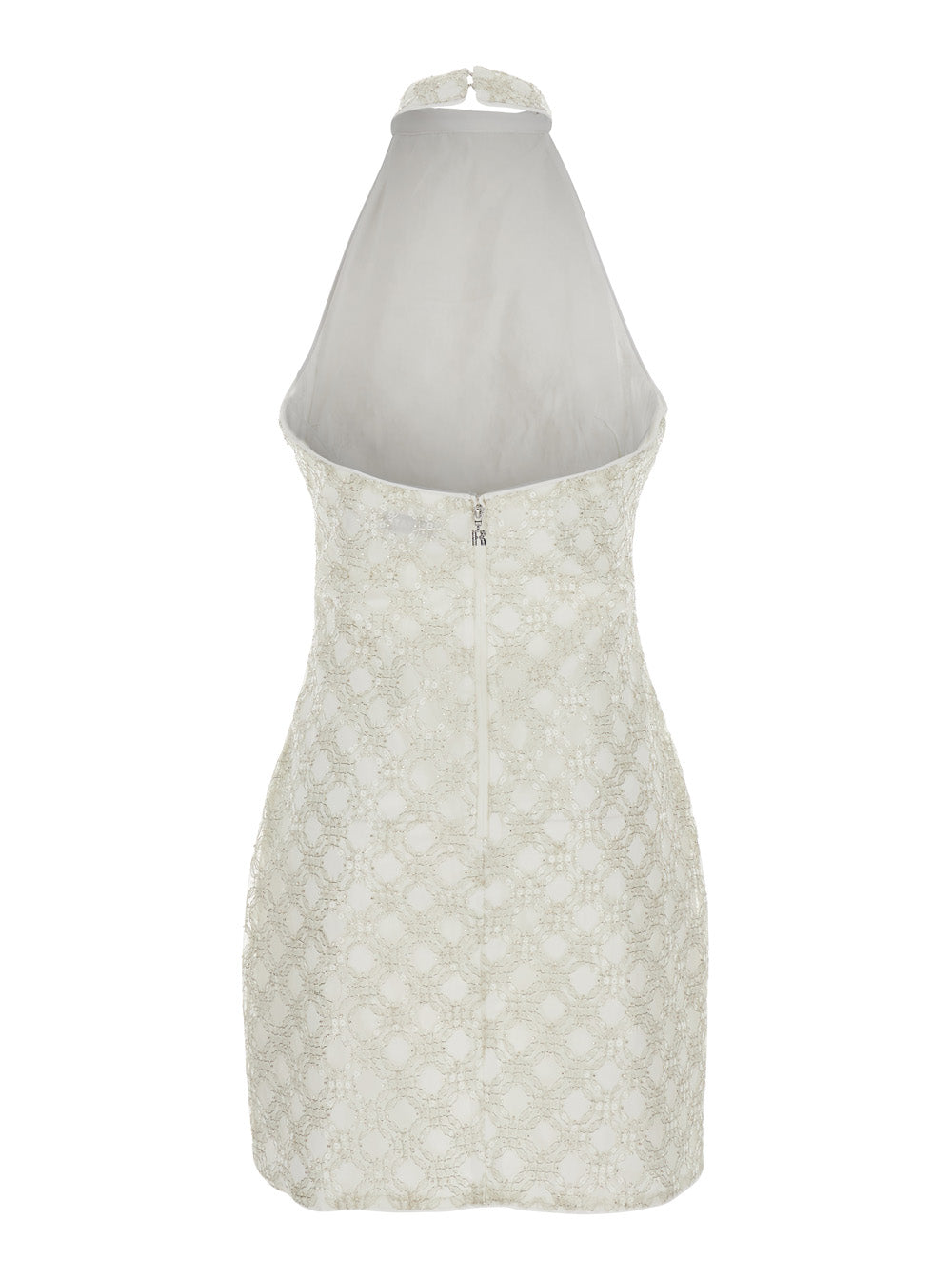 White Sequinned Sleeveless Halterneck Dress Tech Fabric Woman Recycled Polyester