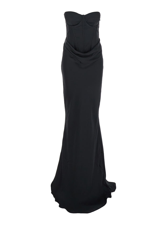Black Long Dress With Corset And Draped Skirt Fabric Woman Recycled Polyester