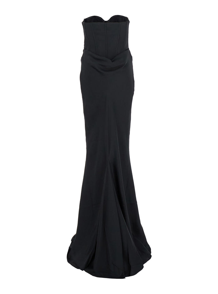 Black Long Dress With Corset And Draped Skirt Fabric Woman Recycled Polyester