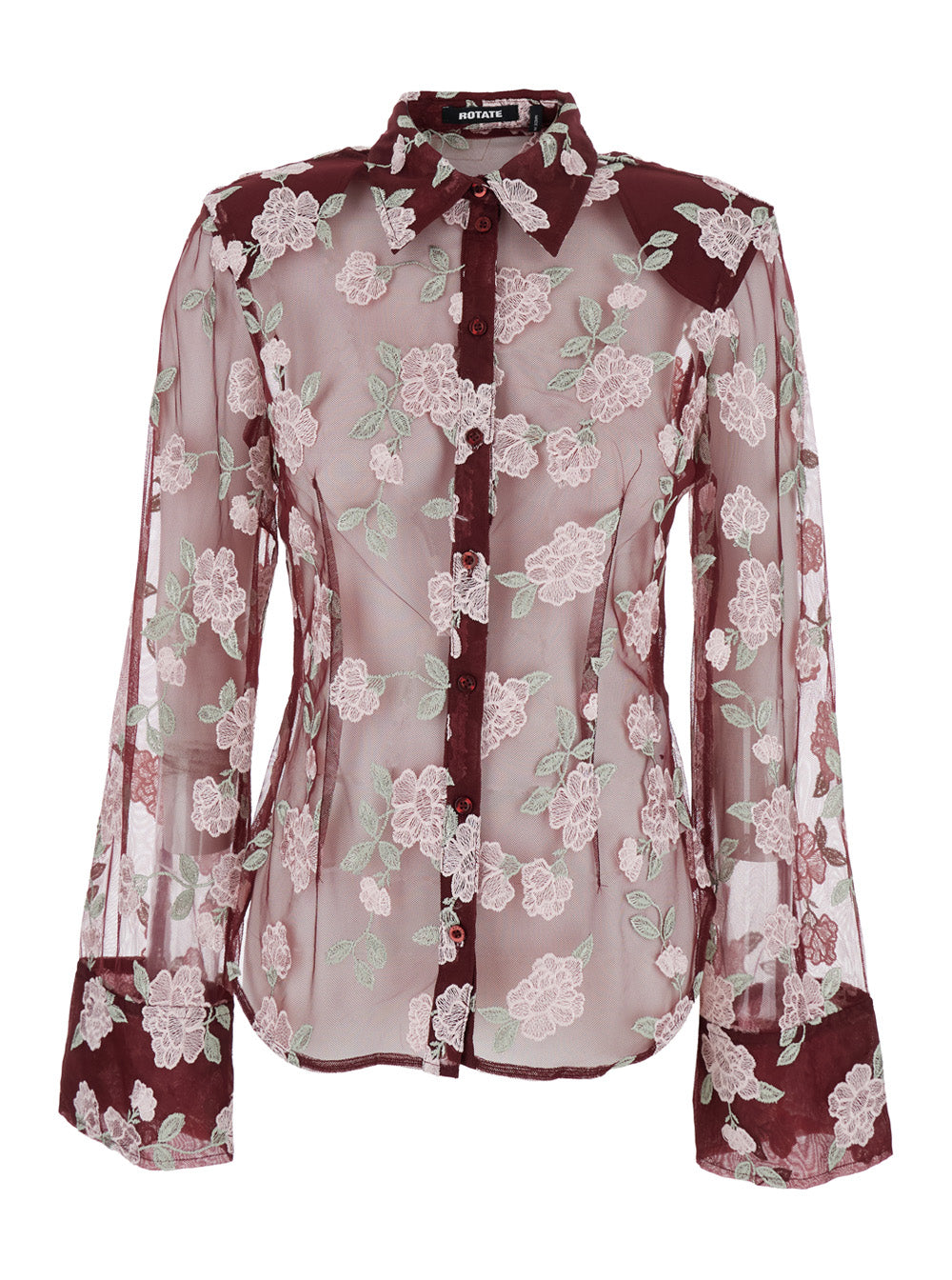 Bordeaux Shirt with All-Over Embroidered Flowers in Fabric Woman Recycled Polyester And Blouses