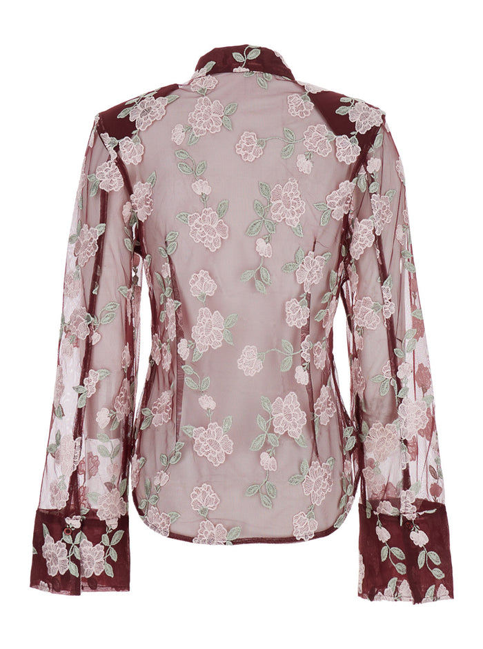 Bordeaux Shirt with All-Over Embroidered Flowers in Fabric Woman Recycled Polyester And Blouses