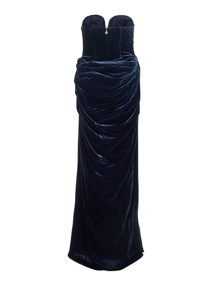 Blue Off-Shoulder Dress with Sweetheart Neckline in Velvet Woman Blu Viscose Silk Long
