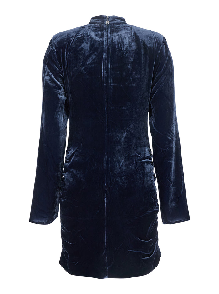 Blue Mini Dress with High Neck and Rear Zip Closure in Velvet Woman Blu Viscose Silk