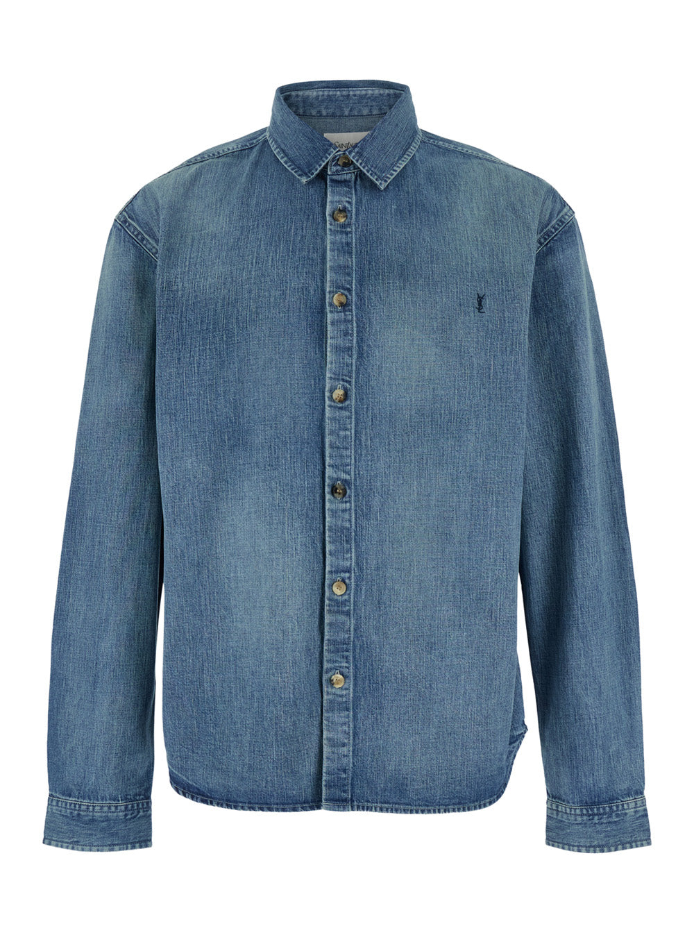 Blue Shirt With Classic Collar And Cassandre Embroidery On The Front Denim Man Blu Textile Blouses