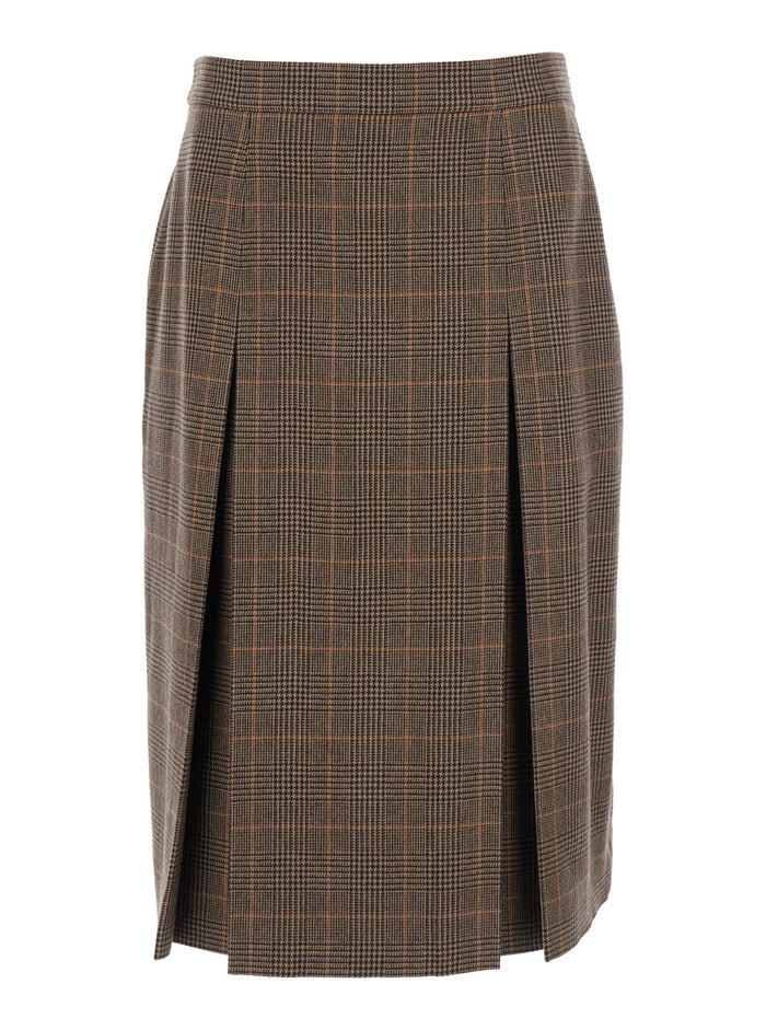Grey Midi Skirt with Side Concealed Zip Closure and All-Over Check Motif in Wool Cashmere Woman Brown
