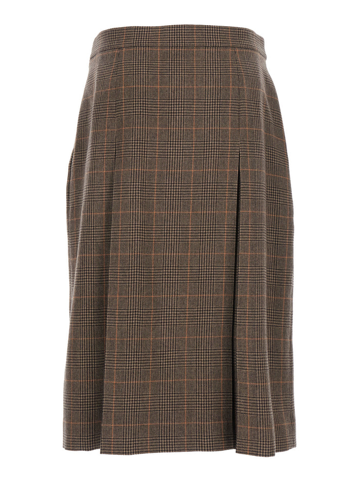 Grey Midi Skirt with Side Concealed Zip Closure and All-Over Check Motif in Wool Cashmere Woman Brown