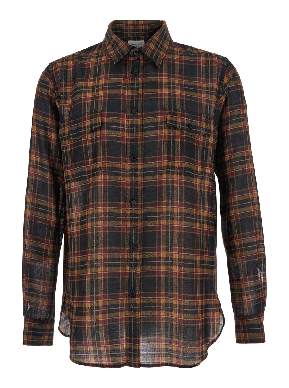 Brown Shirt with Pointed Collar and All-Over Tartan Motif in Wool Man Cotton Blouses