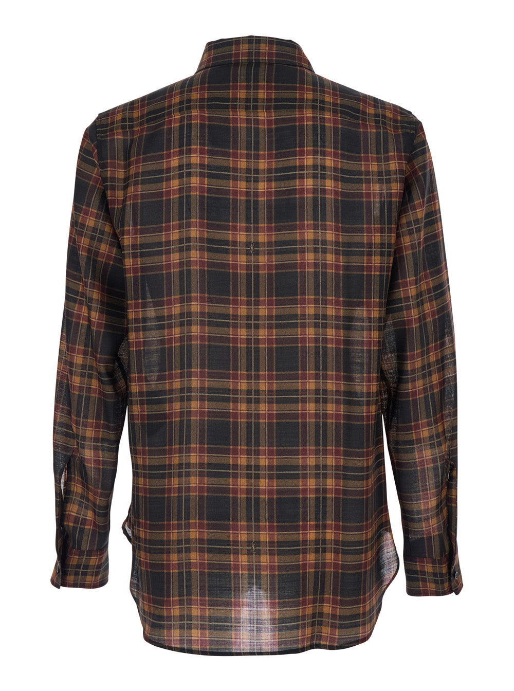 Brown Shirt with Pointed Collar and All-Over Tartan Motif in Wool Man Cotton Blouses