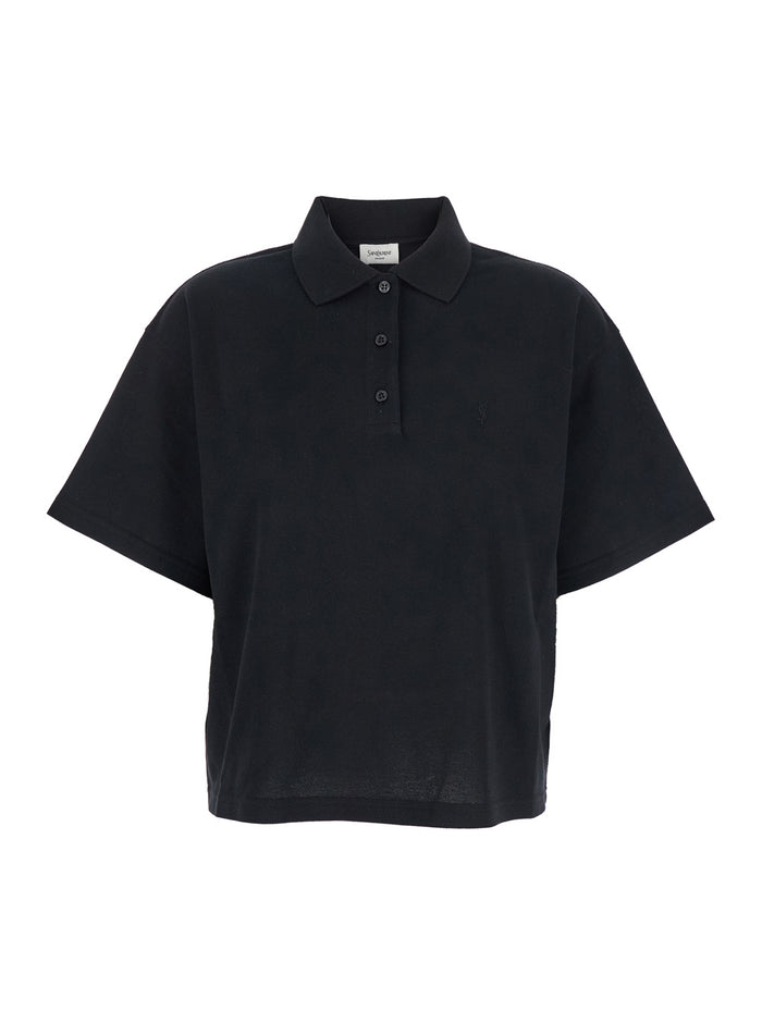 Black Oversize Polo Shirt with Classic Collar and Tonal Logo Embroidery on the Front in Cotton Piquet Woman Tshirts