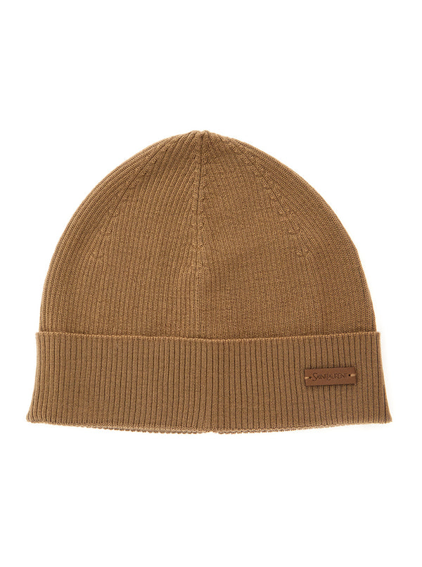Beige Knit Beanie With Logo Patch Wool Hat