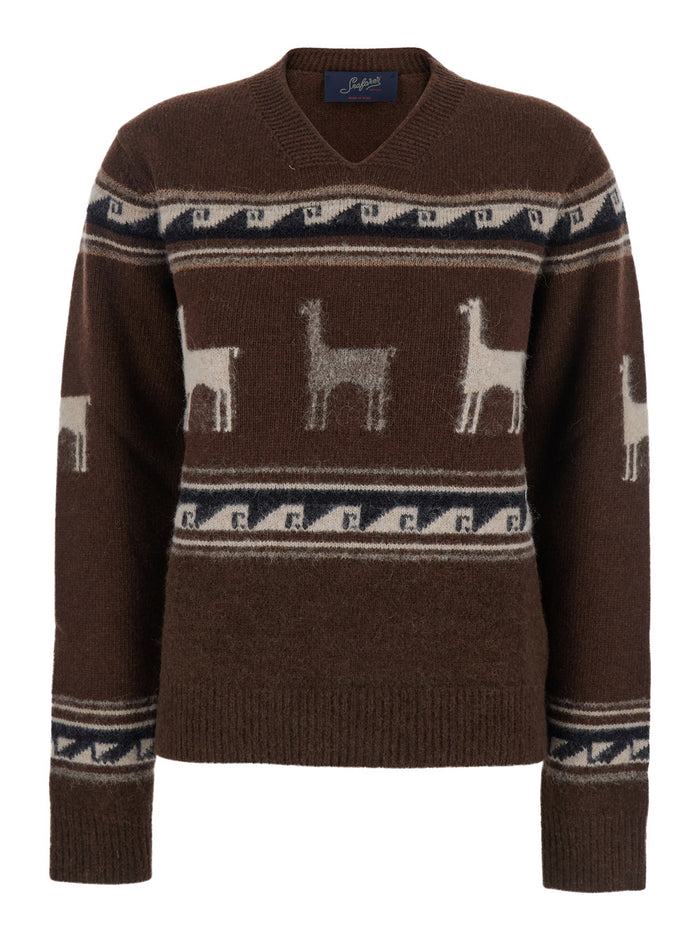 Brown Sweater With V Neck And Front Motif Wool Woman Alpaca Virgin Jersey