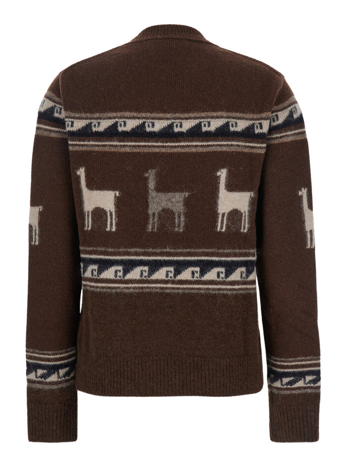 Brown Sweater With V Neck And Front Motif Wool Woman Alpaca Virgin Jersey