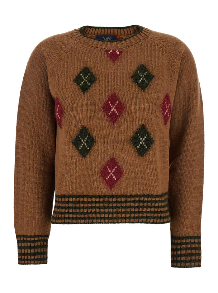 Brown Crewneck Sweater With Diamond Embroidery On The Front And Ribbed Trims Wool Blend Woman Polyamide Mohair Virgin Jersey