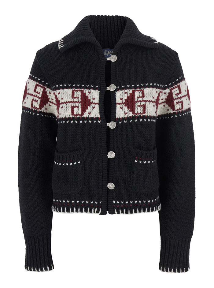 Black Sweater With Spread Collar And Fair Isle Motif Wool Blend Woman Polyamide Virgin Jersey