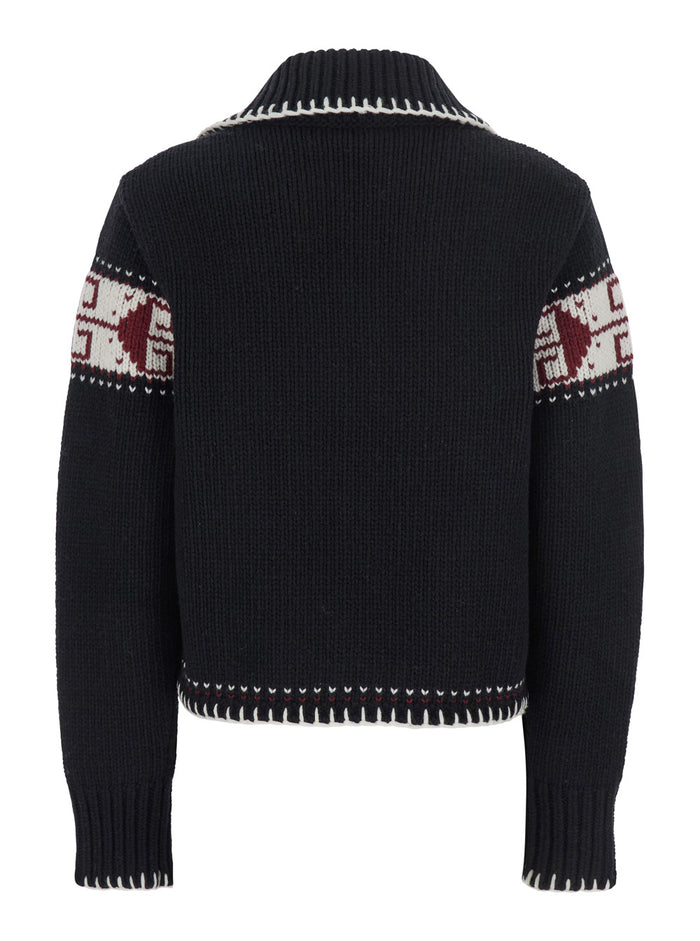 Black Sweater With Spread Collar And Fair Isle Motif Wool Blend Woman Polyamide Virgin Jersey