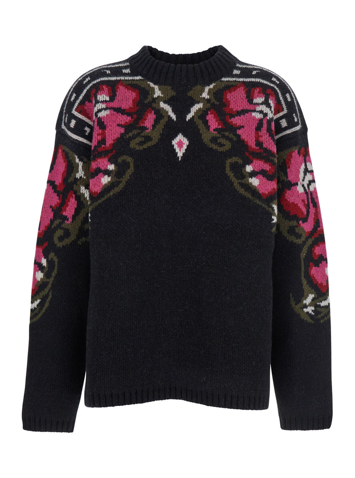 Black Crew Neck Sweater With Floral Motif Wool Woman Virgin Jersey