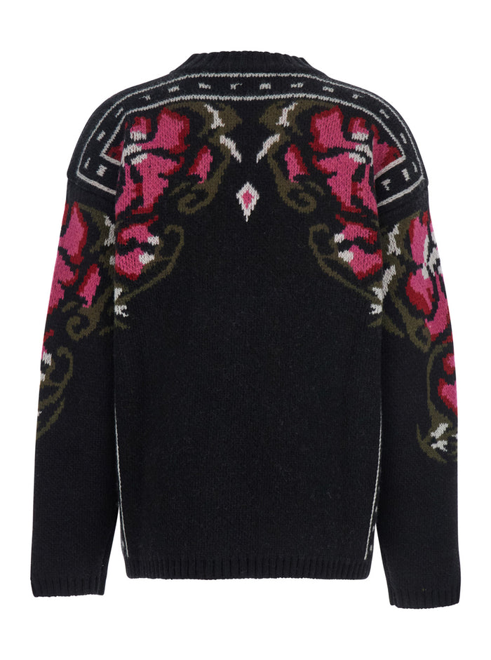 Black Crew Neck Sweater With Floral Motif Wool Woman Virgin Jersey