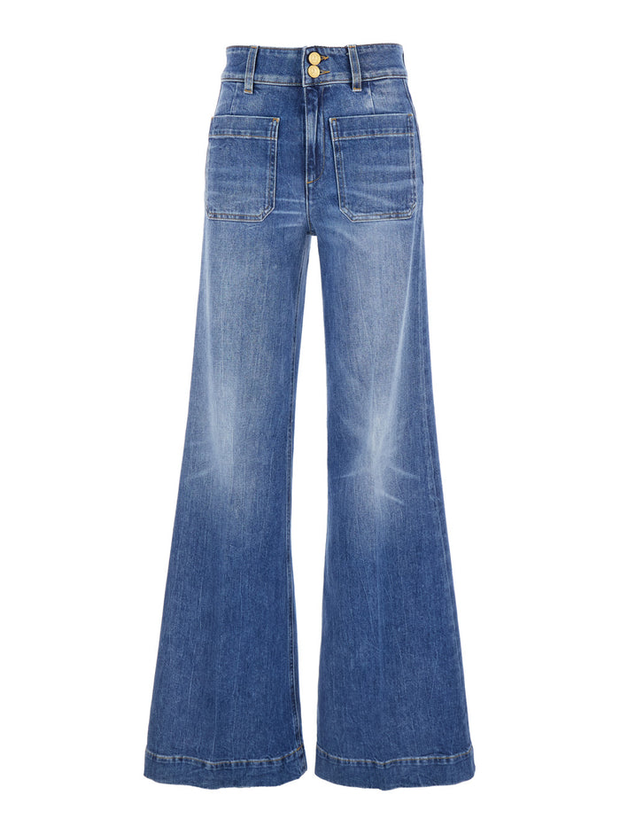 Jane Blue Trousers With Front Pockets And Washed Effect Cotton Woman Blu Elastane Jean