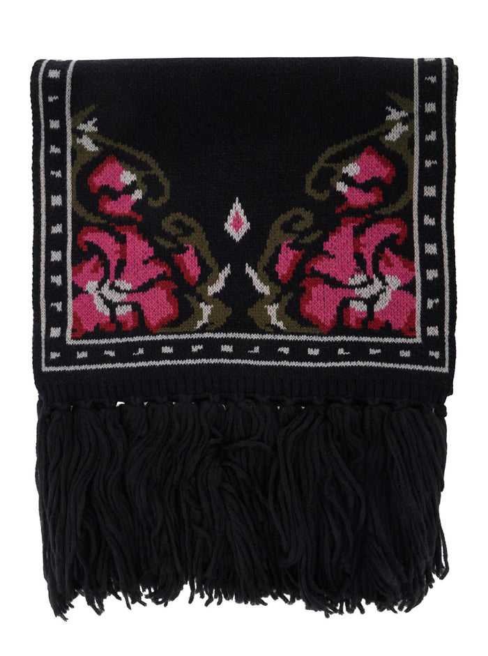 Violante Black Scarf With Fringed Hem And Floral Motif Wool Woman Virgin Scarfs Foulards