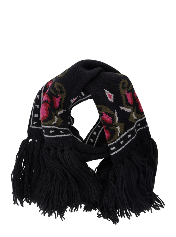Violante Black Scarf With Fringed Hem And Floral Motif Wool Woman Virgin Scarfs Foulards