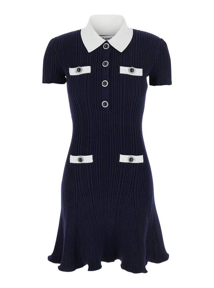 Blue Mini Dress With Contrasting Collar And Jewel Buttons Viscose Blend Woman Blu