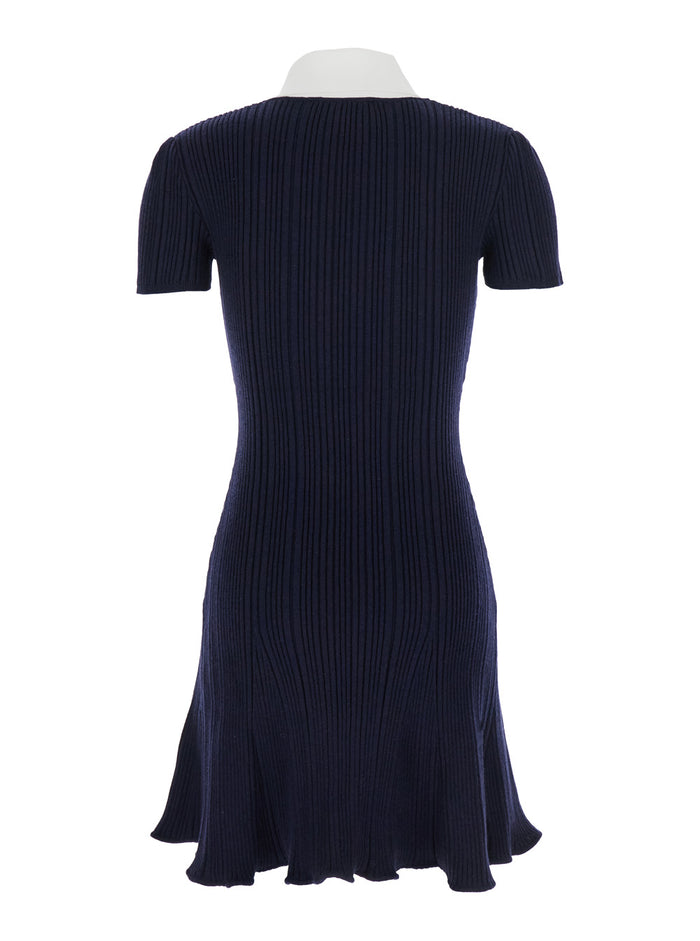 Blue Mini Dress With Contrasting Collar And Jewel Buttons Viscose Blend Woman Blu