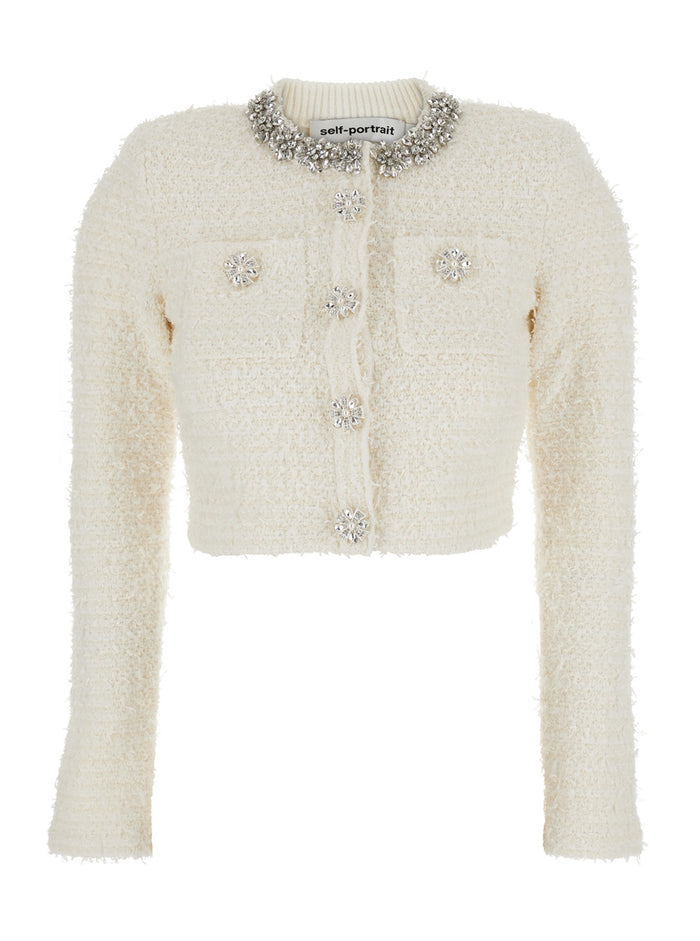 White Crewneck Cropped Cardigan With Crystal Embellishments On The Collar Cotton Blend Woman Jersey