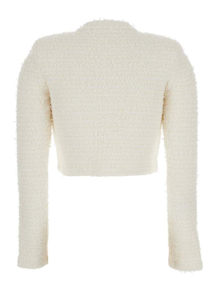 White Crewneck Cropped Cardigan With Crystal Embellishments On The Collar Cotton Blend Woman Jersey