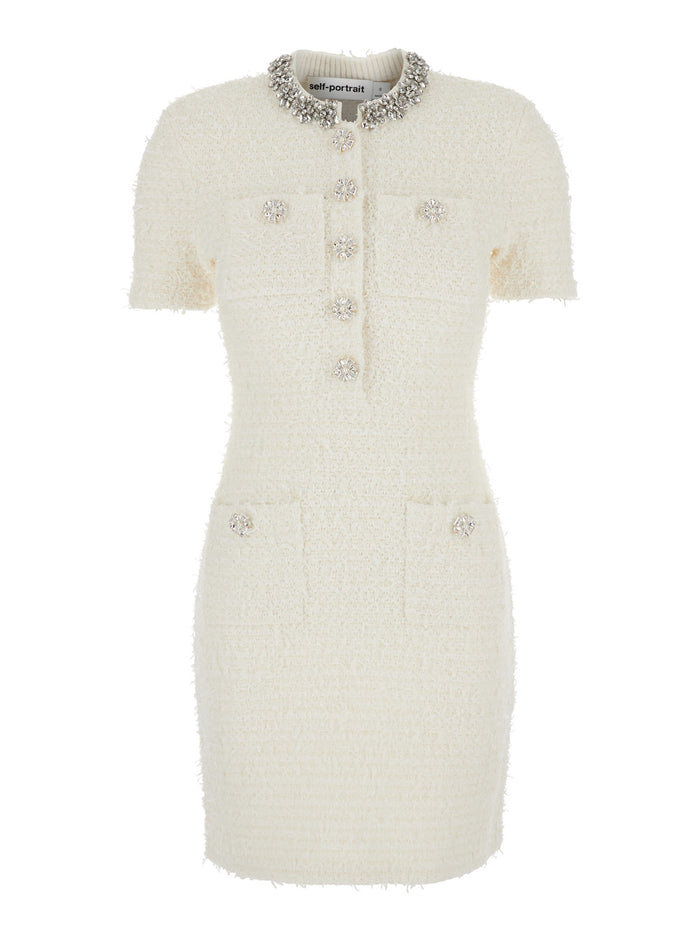 White Crewneck Mini Dress With Crystal Embellishments On The Collar And Jewel Buttons Cotton Blend Woman