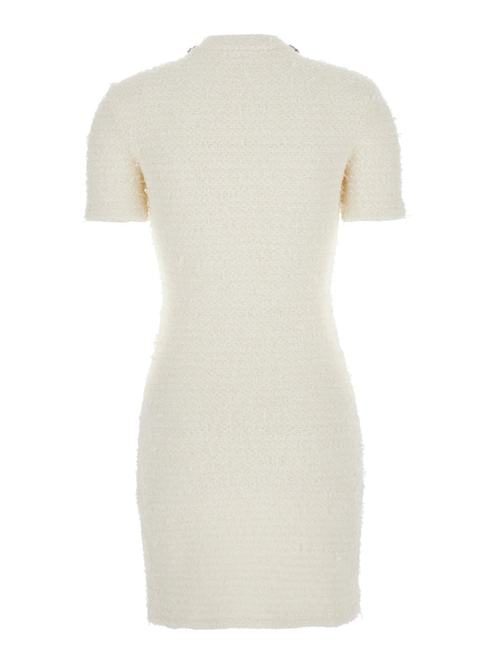 White Crewneck Mini Dress With Crystal Embellishments On The Collar And Jewel Buttons Cotton Blend Woman