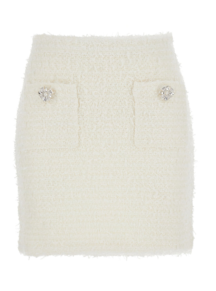 White Miniskirt With Pearl Embellishments And Button Detail Tech Fabric Woman Skirt