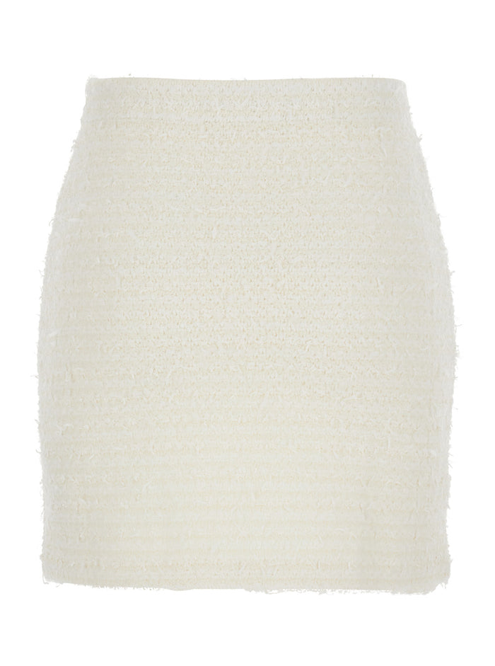 White Miniskirt With Pearl Embellishments And Button Detail Tech Fabric Woman Skirt